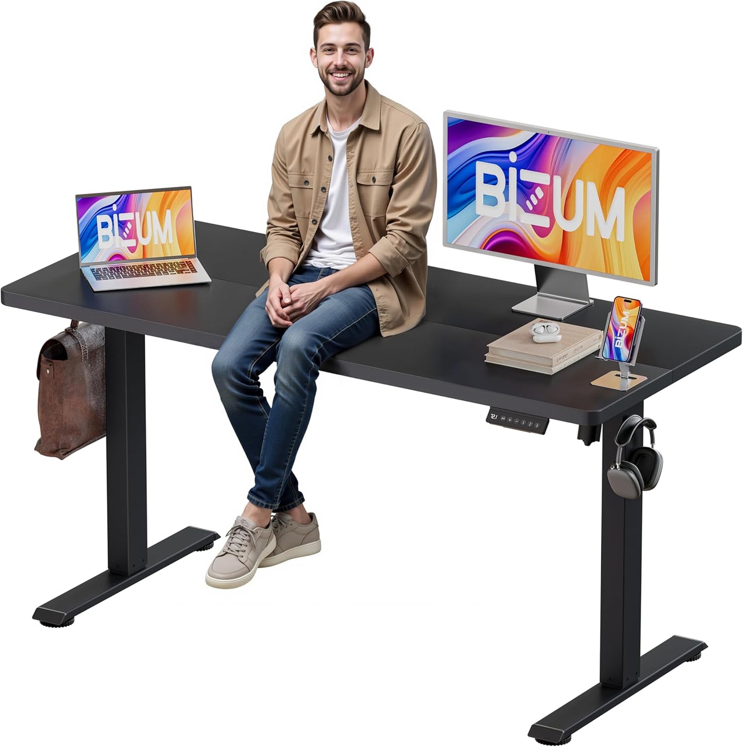 BIZUM Electric Standing Desk, 55" x 24" Height Adjustable Desk, Black Sit to Stand Desk Memory Gaming Computer Workstation for Home Office