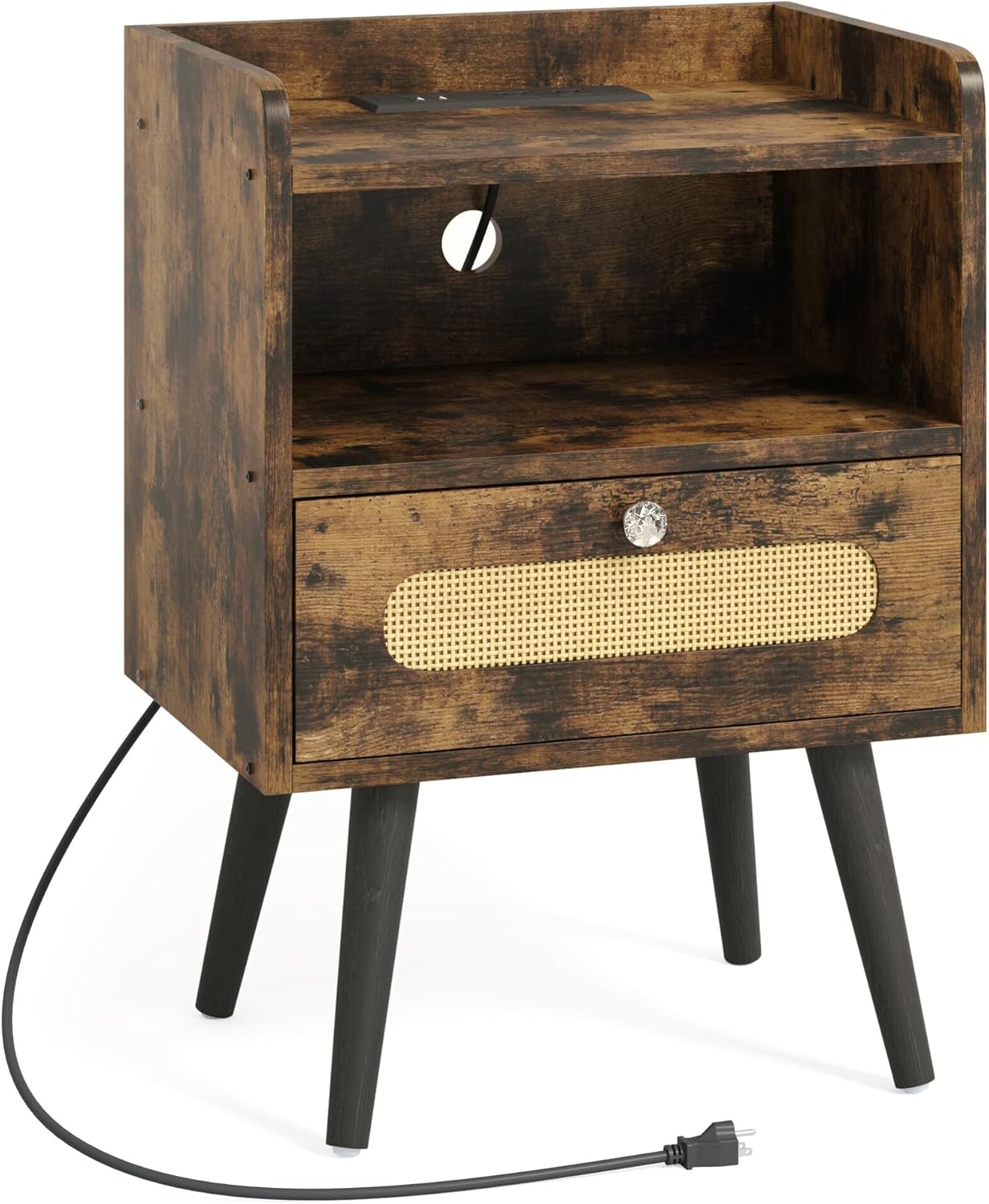 End Table with Diamond Handle, Nightstand/Bedside Table with Charging Station, Rustic Brown
