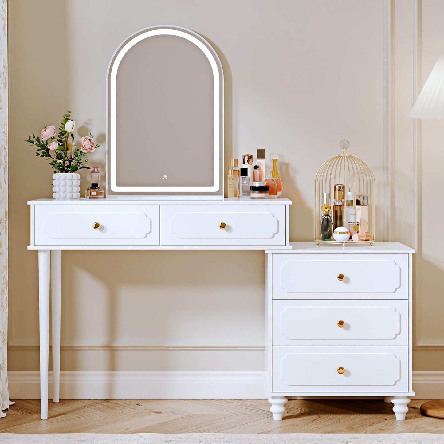 White,Vanity Desk with Mirror and Lights,Makeup Vanity with Power Outlet and Adjustable Cabinet,Modern Makeup Table with 3 Drawers for Bedroom Makeup Room