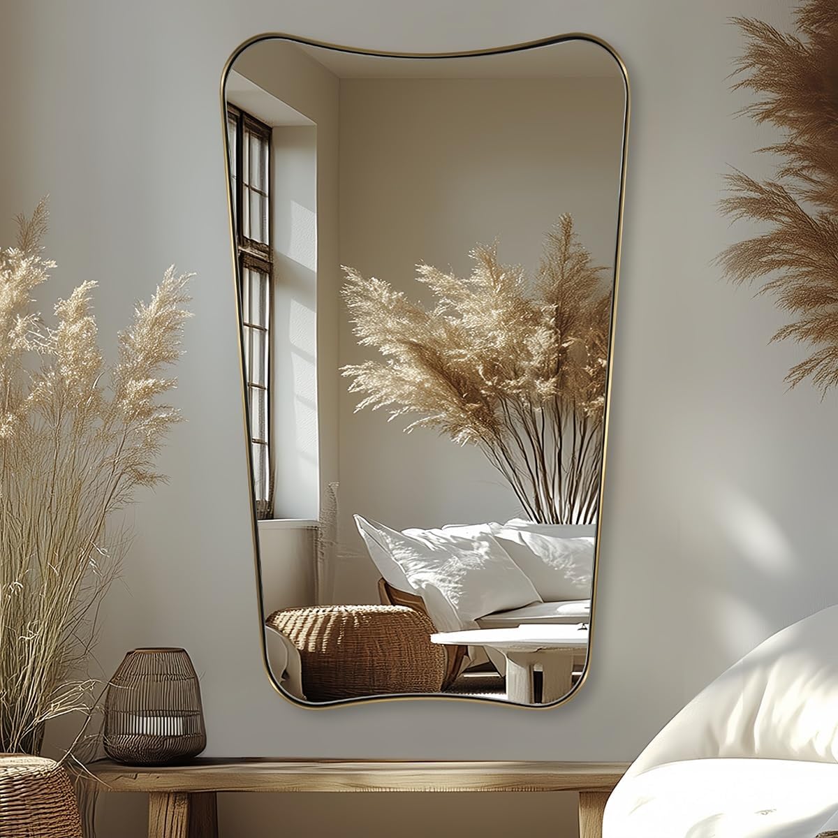 Brushed Gold Bathroom Mirror, 24x40 Inch Gold Irregular Bathroom Vanity Mirror, Gold Asymmetric Mirror with Stainless Steel Frame, Metal Framed Wall Mounted Accent Mirror Vertical Only