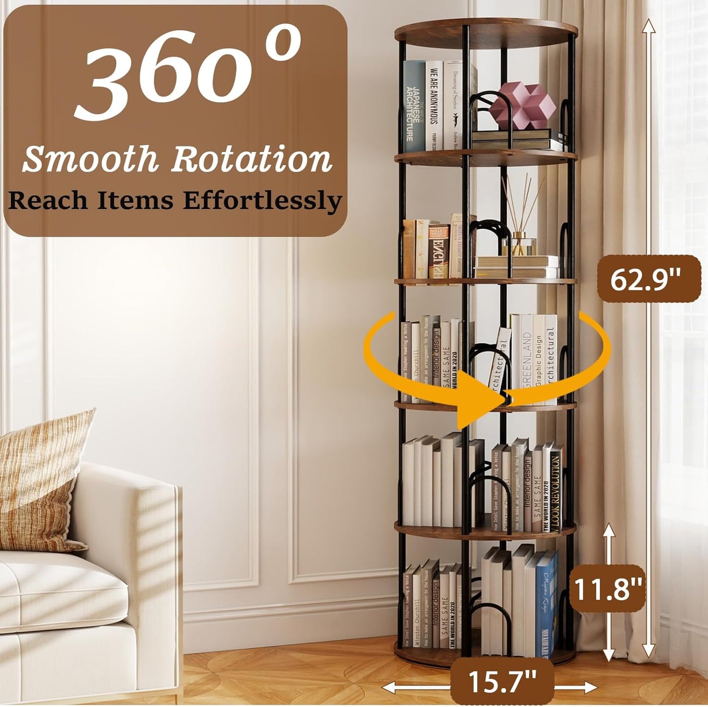 5-Tier Rotating Bookshelf, 360° Round Spinning Book Shelf Tower, Tall Skinny Wood & Metal Bookshelf for Corner/Office/Home, Modern Industrial Vintage Style