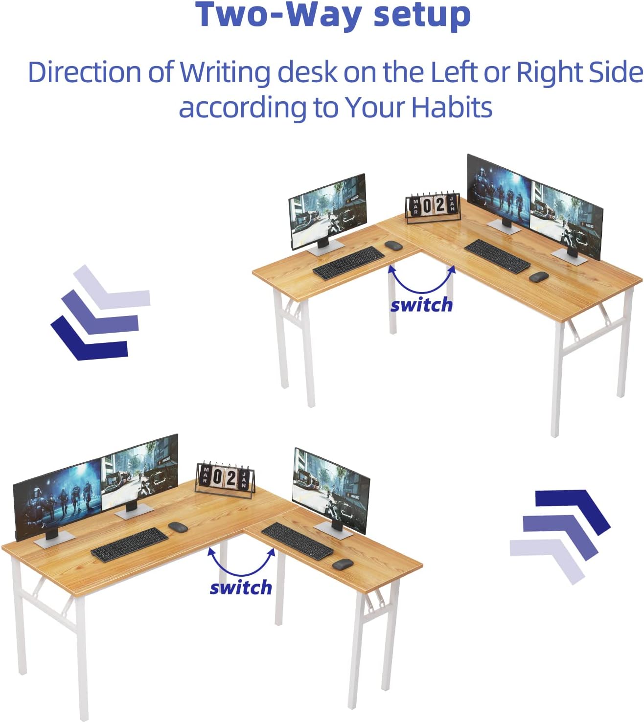 Need L Shaped Folding Desk, Reversible Computer Desk for Home Office, Large Foldable Gaming Desk Table Workstation, Teak and Black