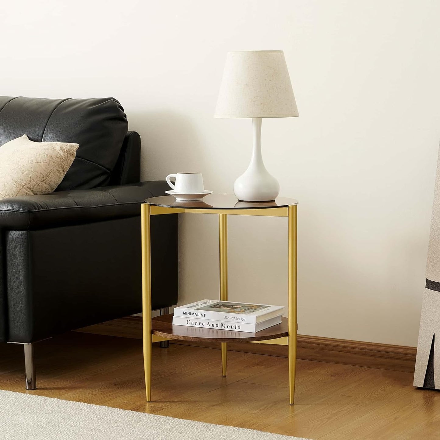 Round End Table, Mid-Century Modern Design, D20*H23 inch, for Living Room, 2-Tier Structure, Amber Glass Top and Walnut MDF Shelf, Sleek Conical Metal Legs with Gold Finish