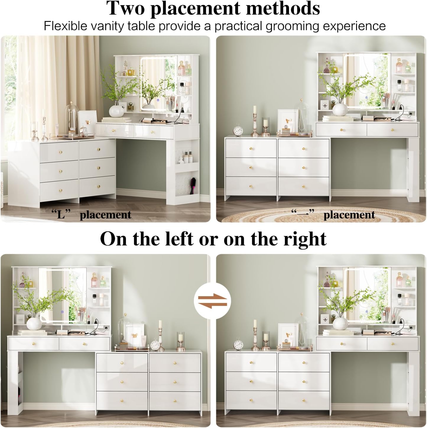 Makeup Vanity Desk with Mirror and Lights, Vanity Desk with 8 Drawers & Storage Shelves, Vanity Table with Power Outlet, 3 Color Modes & Adjustable Brightness Dressing Table, Bedroom,White2