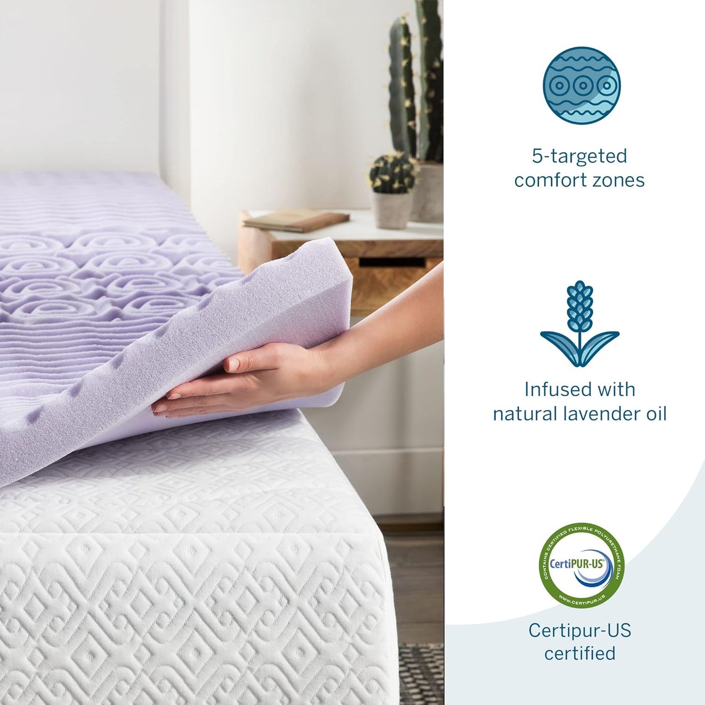 Lucid Lavender Infused 2 Inch Memory Foam Mattress Topper - Twin Size - Plush Feel - 5 Convoluted Zones - CertiPUR Certified - New Home Owner & Dorm Room Essentials