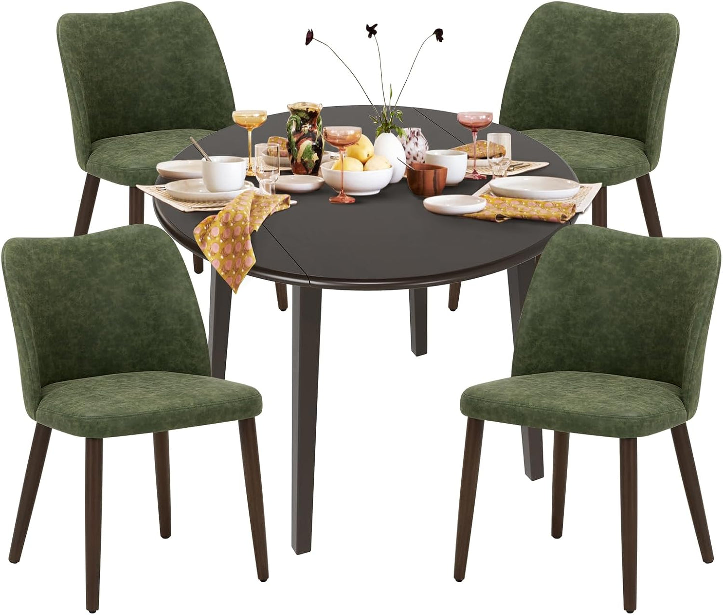 COLAMY 5-Piece Extendable Dining Table Set for 4, 36" Kitchen Round Wood Table with 4 Wooden Dining Room Chairs,Dark Brown/Green