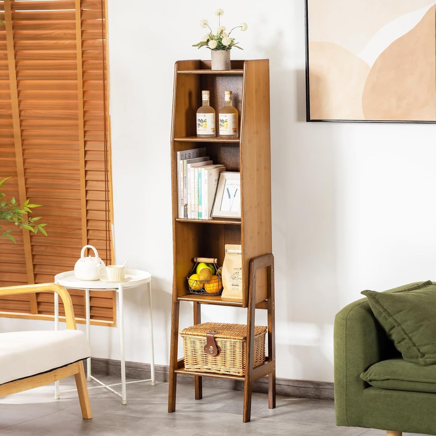 Welnow Bamboo Bookcase with Cabinet, Natural End Table with 3-Tier Storage Shelf, Modern Bedside Organizer Side Table for Bedroom or Living Room, Walnut Bookshelf with Open Space