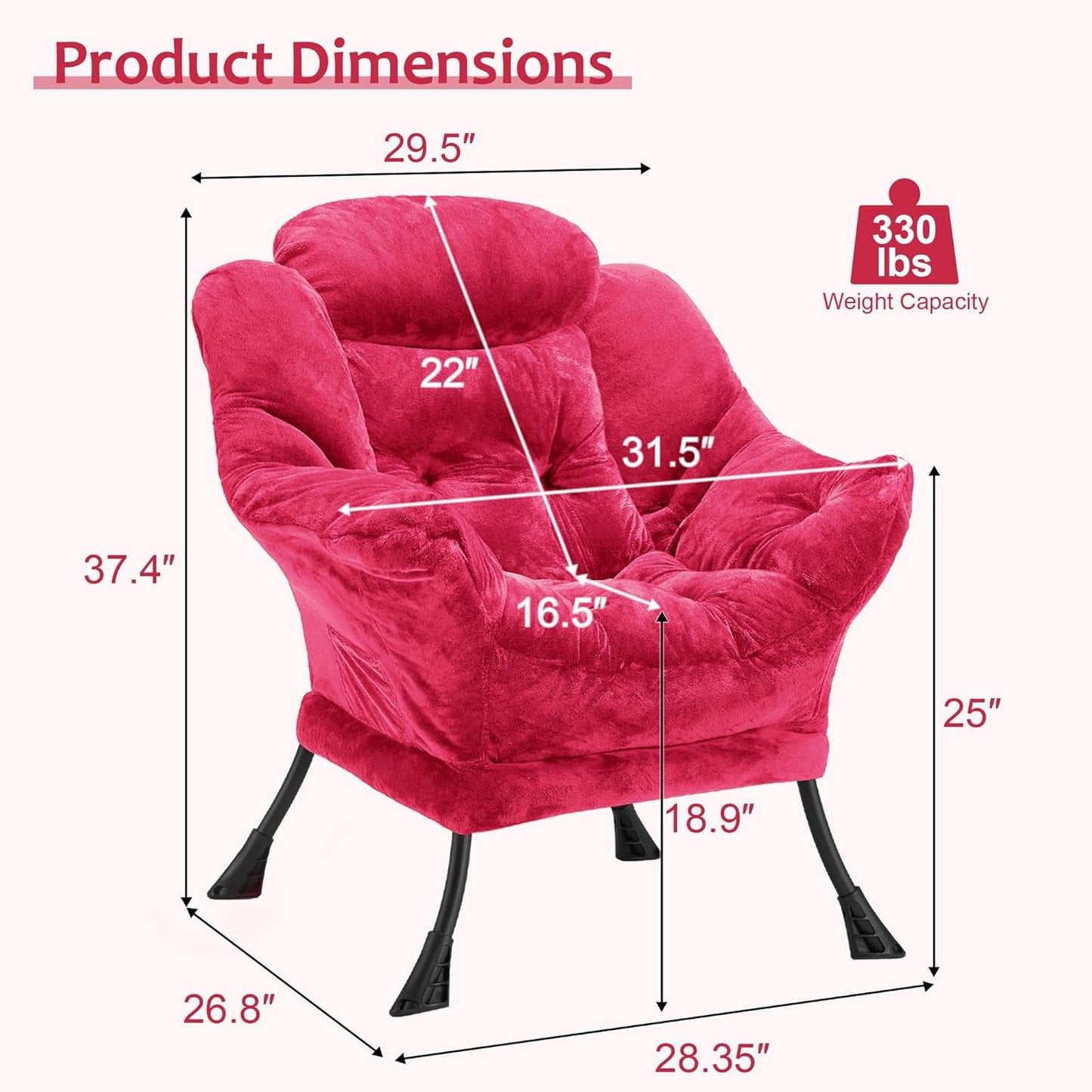 Fabric Lazy Chair for Adults, Oversized Upholstered Sofa Chair, Plush Comfy Lounge Chair with Large Side Storage Pocket, Thick Padded Reading Chair for Living Room, Bedroom, Office, Rose Red