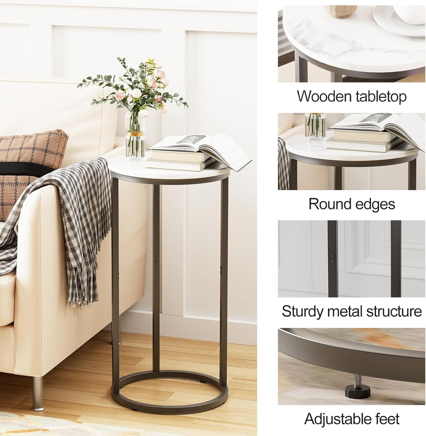 C Shaped End Table, Couch Side Tables for Living Room, Round Sofa End Table with Metal Frame, Small Wooden Snack Table for Bedroom, Small Spaces, Easy Assembly (Black)