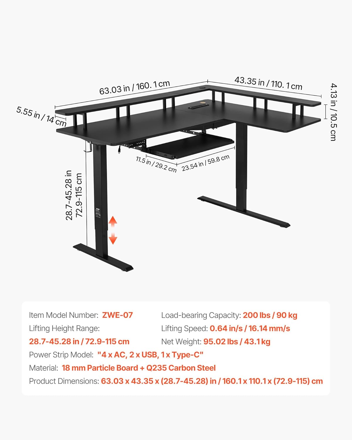 VEVOR L Shaped Desk, Electric Adjustable Height Corner Gaming Desk with Keyboard Tray and Dual Hooks, Heavy Duty L-Shaped Computer Table with Light Strip for Home Office, Easy to Assemble, Black
