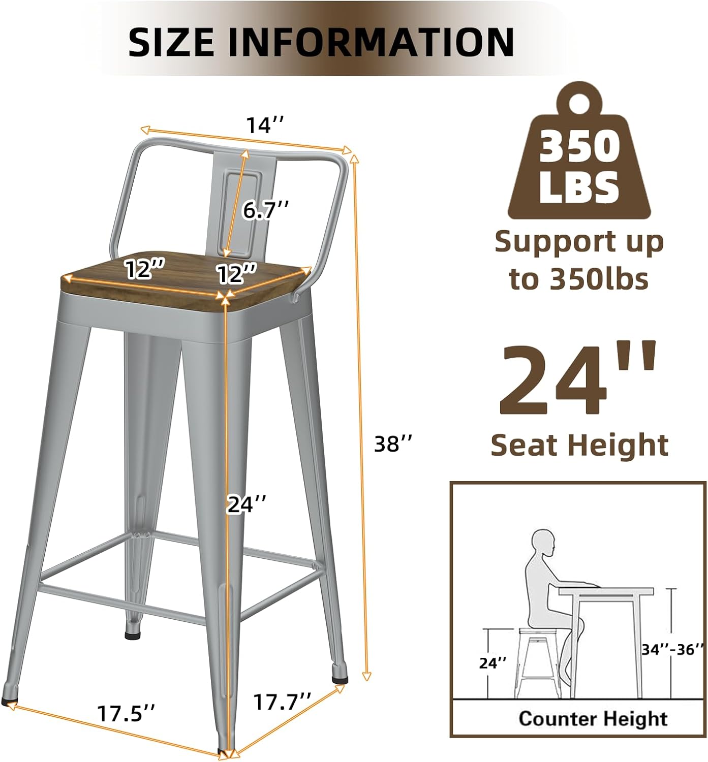 Silver Bar Stools Set of 4, Metal Bar Stools with Wooden Seat, Modern 24”Counter Height Barstools with Low Back
