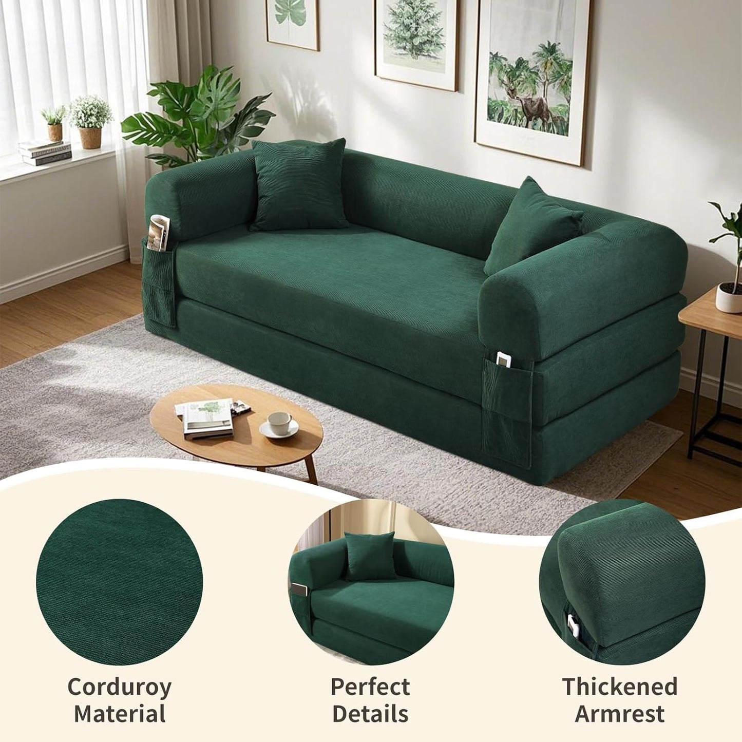 80" Convertible Sofa Bed, 3-in-1 Corduroy Folding Pull Out Couch with Pillows, No Assembly Modern Boneless Couch Compression Sofa in Box, Floor Sofa with Side Storage Pocket for Living Room,Dark Green