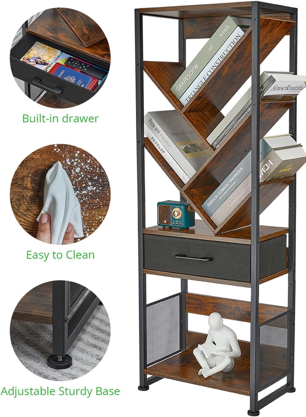 Bookshelf with Drawer,8 Tier Tree Bookcase Retro Floor Standing Bookshelves,Tall Wood Bookcases with Cabinet Storage Organizer for Living Room, Bedroom & Home Office, Classic