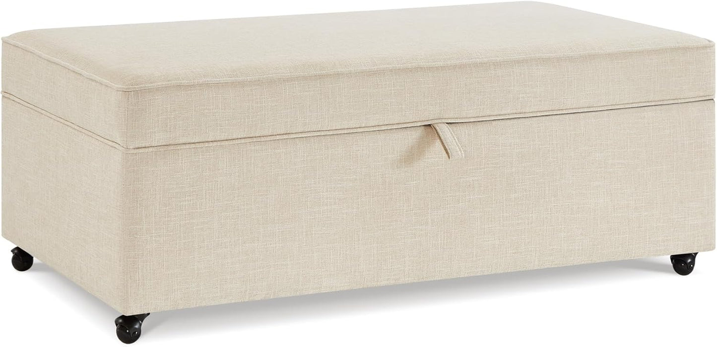 45" Modern Sofa Ottoman with Storage,Modular Sectional Storage Ottoman w/Wheels Linen Upholstered Bench with Rotation Casters and Safety Hinge for Living Room,Oatmeal