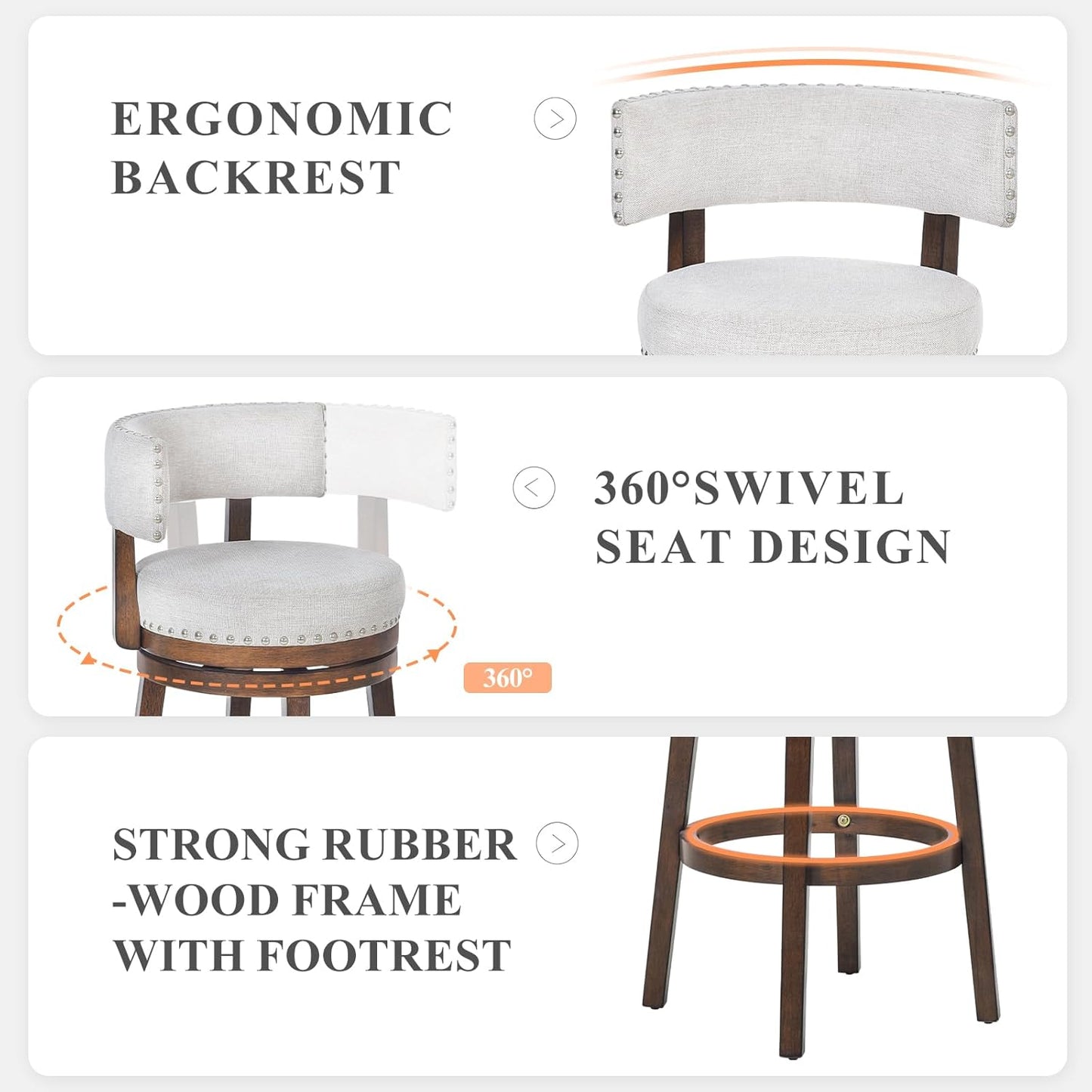 COLAMY Swivel Bar Stool, Swivel Bar Height Bar Stool, Modern Swivel Barstool with Back, Upholstered Wood Barstool for Kitchen Island Dining Room Bar, Beige, FM-4840-30-Beige-F