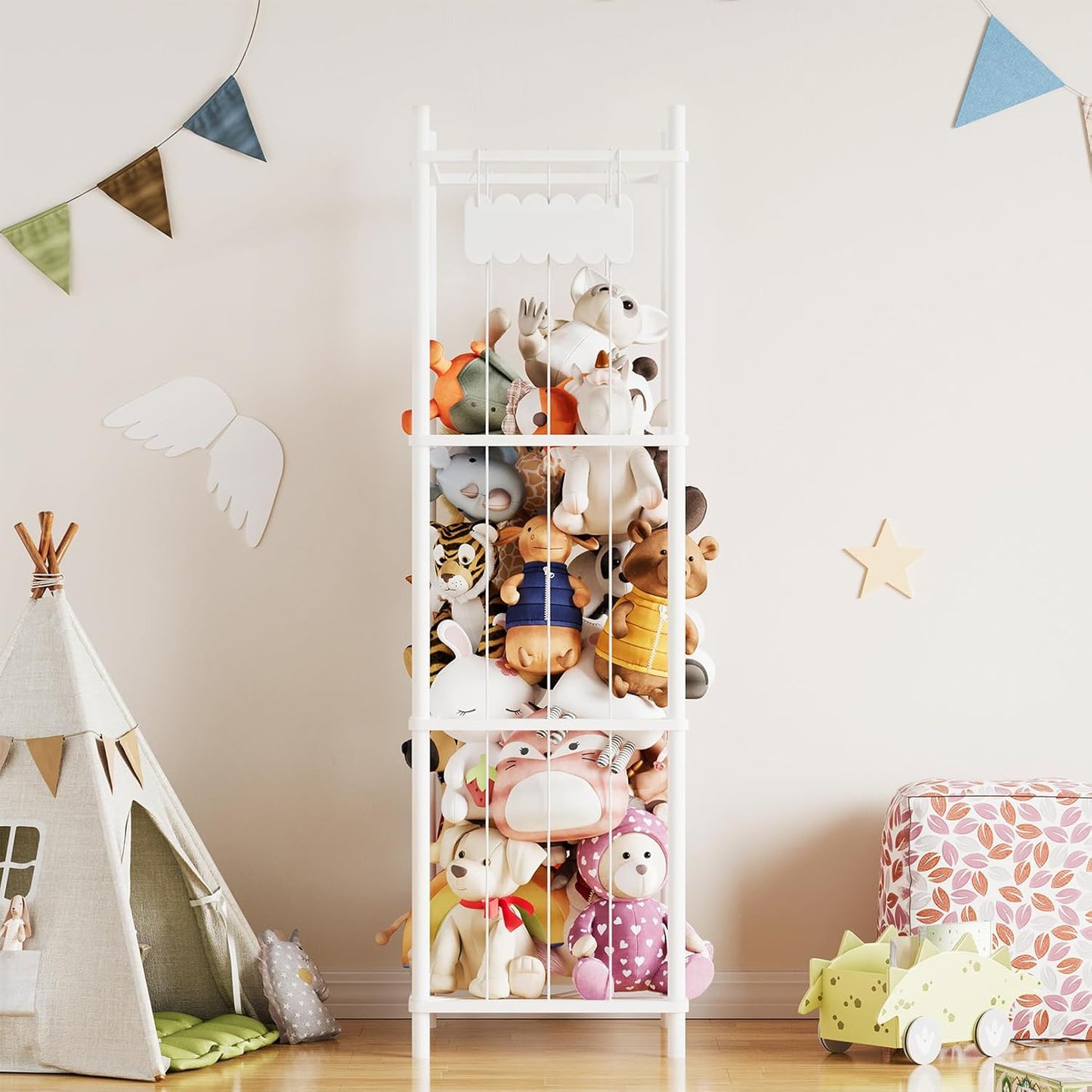 SpaceAid Stuffed Animal Storage Organizer, Wood Animals Zoo Toy Plushies Storage Holder, Large Capacity Plush Toy Cage for Playroom Organization, 15.8" Wide, White