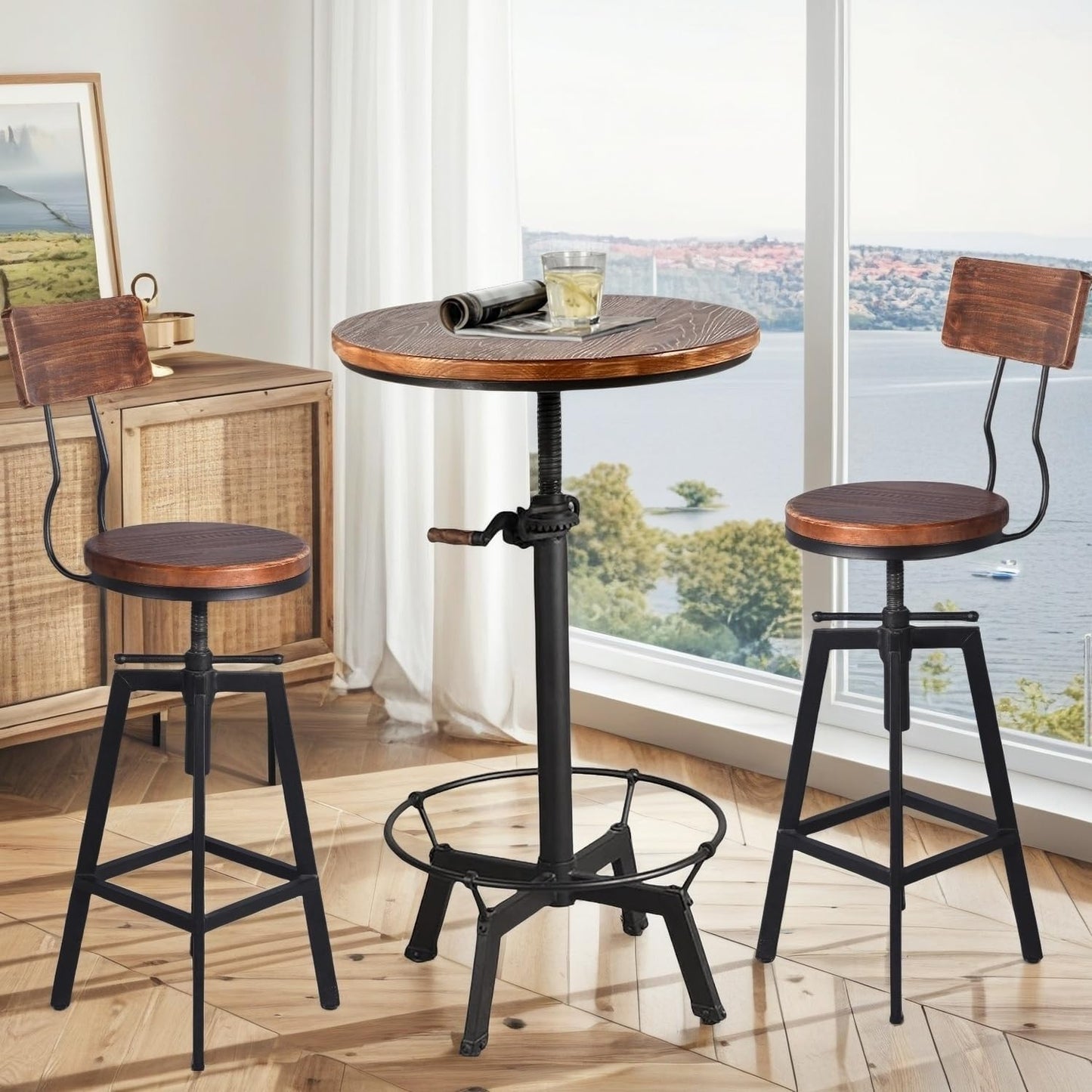 Industrial Bar Stools with Wood Backrest 25-32inch Height Adjustable Kitchen Island Dining Chair Extra Guest Stool Swivel Wooden Seat(Set of 2)