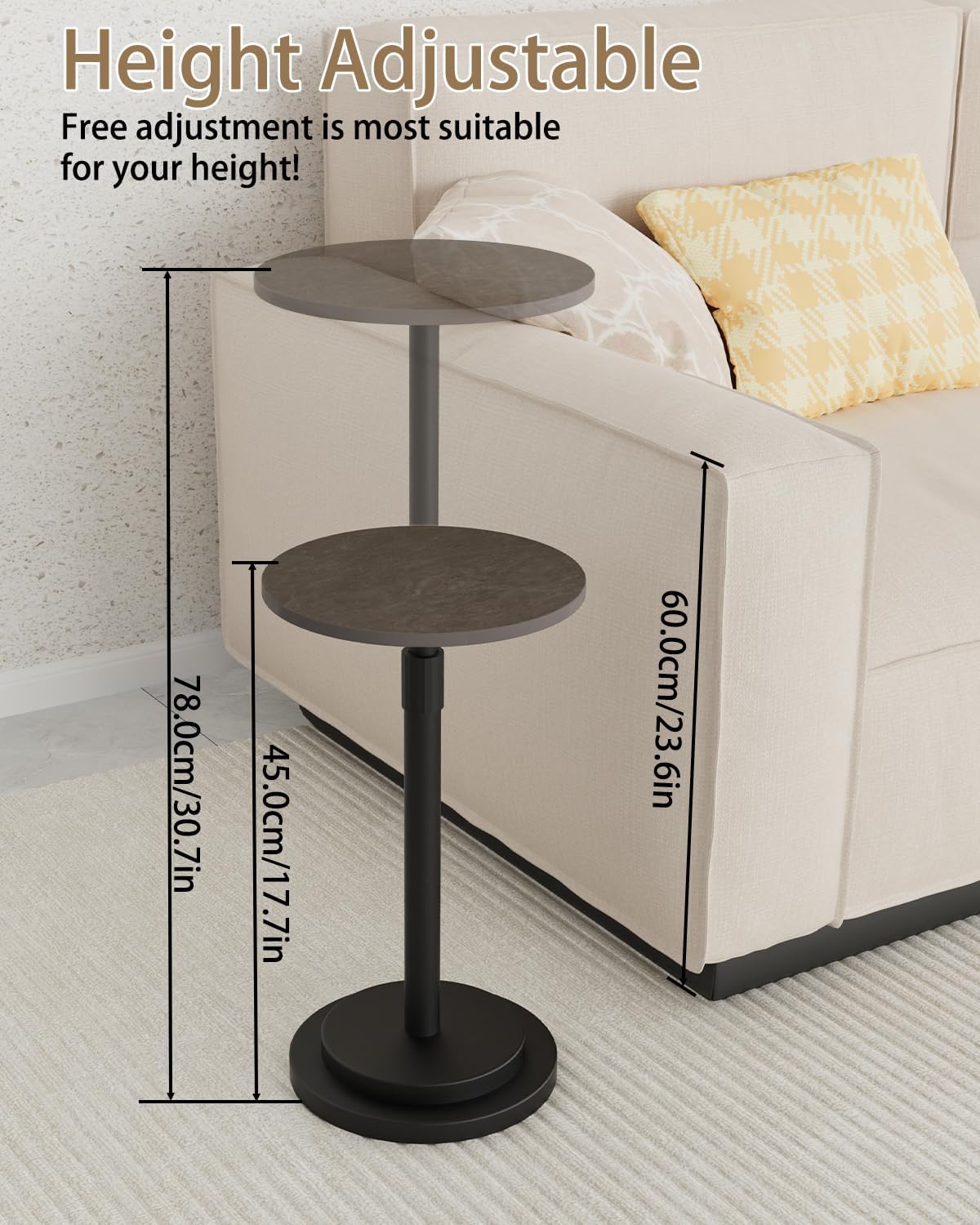 Height Adjustable Drink Table, Vintage Round Indoor Metal Plant Stand, for Small Spaces, Living Room, Bedroom, Cocktail, 1 Pack, Dark Brown, GBZ001CZ-1