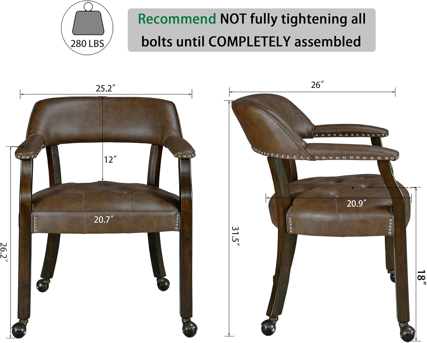 LEEMTORIG Large Dining Chairs with Casters and Arms, Rolling Dining Chairs with Wheels, Game Poker Table Chairs, Boss Caption's Chairs, 26"D x 25.2"W x 31.5"H, Espresso Legs & Choalate PU, XXY-1910-BN