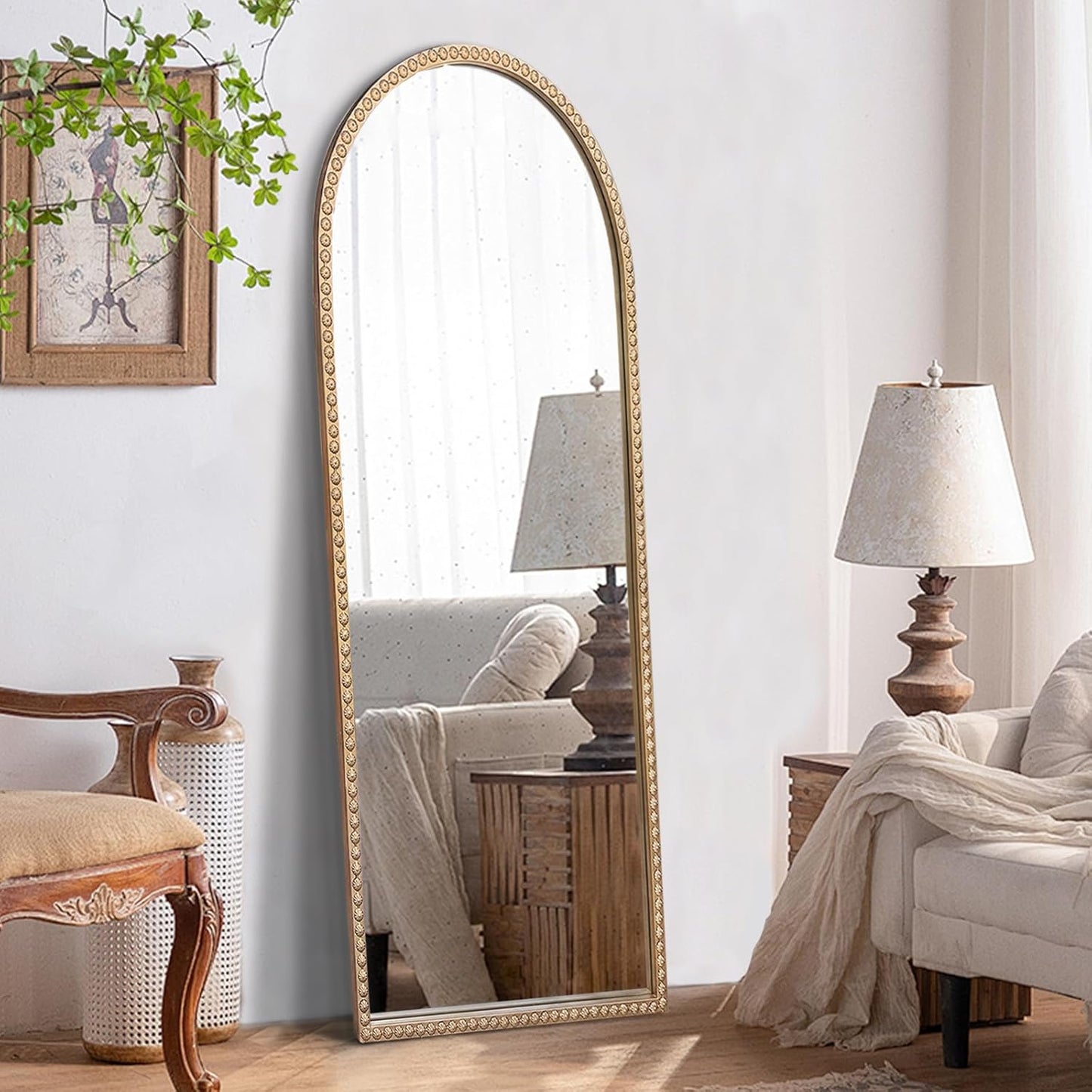 Large Arched Mirror, 20"x53" Gold Arch Floor Mirrors for Dressing, Metal Beaded Frame Decorative Accent Mirror, Ornate Vintage Mirrors for Living Room Bedroom Bathroom Entryway