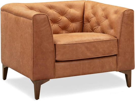 Poly & Bark Essex Lounge Chair - Leather Chair with Tufted Back - Full-Grain Living Room Armchair with Feather-Down Topper - Single Couch - Vintage Italian Leather in Cognac Tan