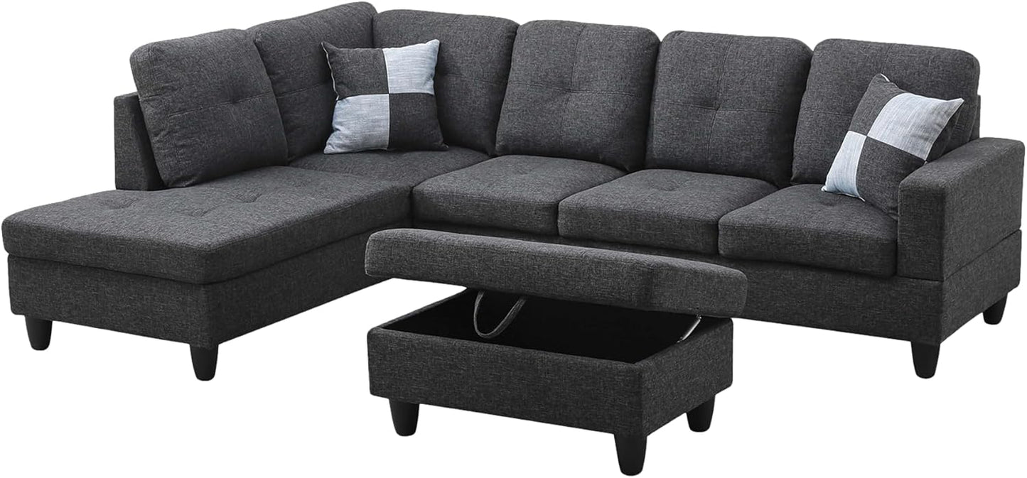L Shaped Couch Modern Sectional Couch Upholstered Flannel Fabric 3 Pieces Sofas for Living Room with Chaise, Storage Ottoman for Office and Small Apartment, Black Grey