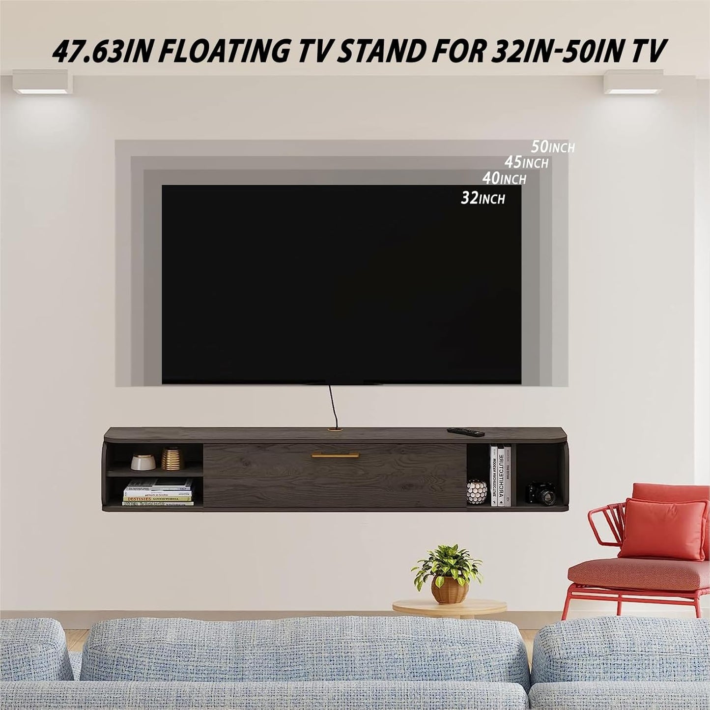 Floating TV Unit, 47'' Wall Mounted TV Cabinet, Floating Shelves with 4 Cabinets, Wooden Entertainment Media Console Center Large Storage TV Bench for Living Room & Office (47IN, Dark Grey)