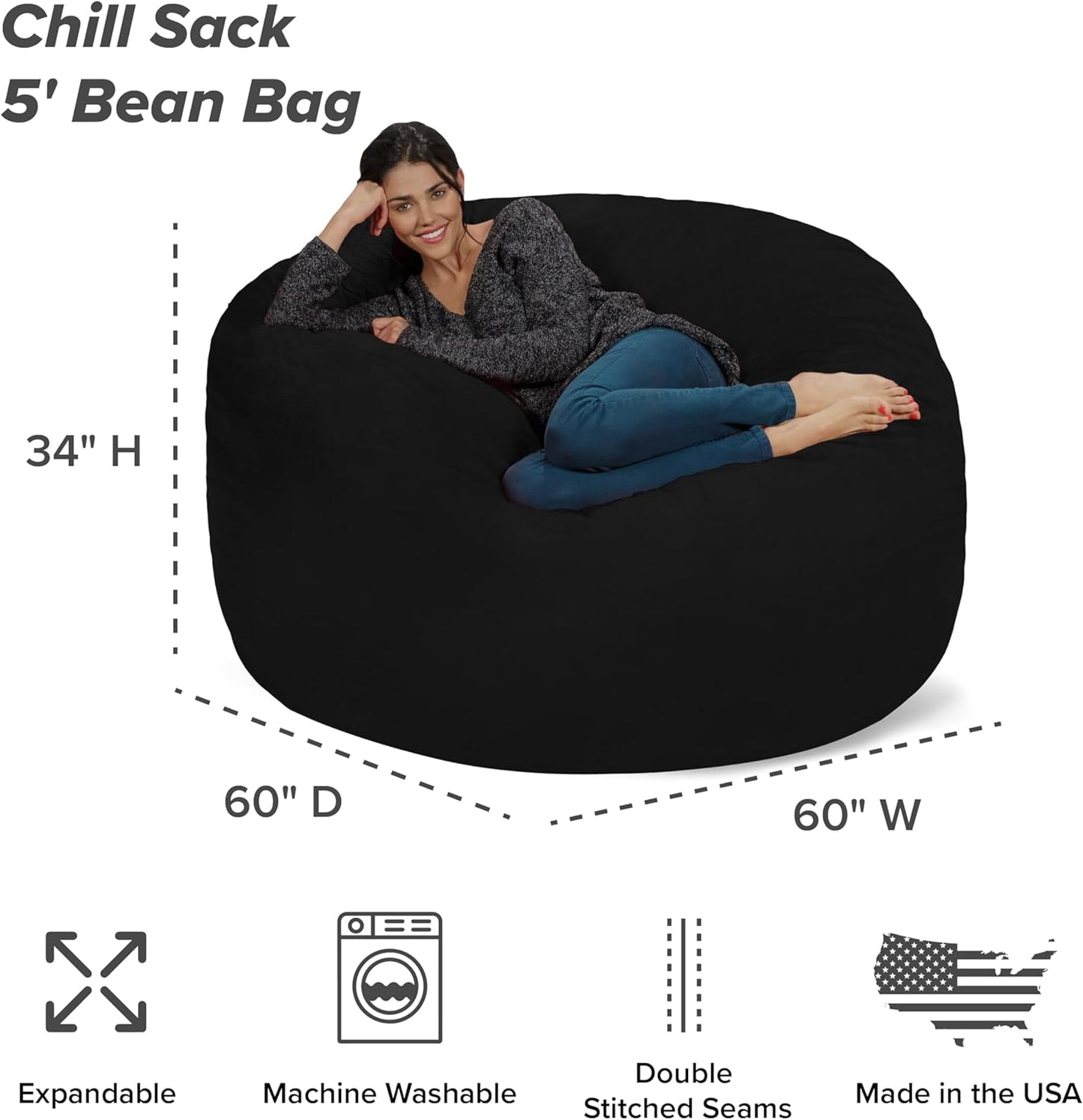 Chill Sack Bean Bag Chair - 5' Giant Memory Foam Lounge Chair with Soft Microfiber Cover – Cozy Furniture for Living Room, Dorm, & Kids' Rooms – Comfortable 5 Ft, Microsuede Lounge Sofa, Black