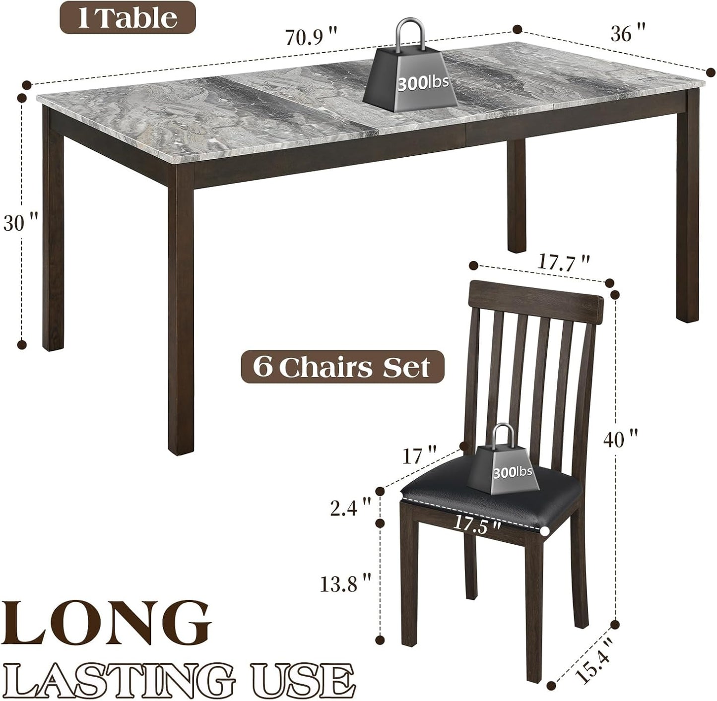 7-Piece Dining Table Set, 71" Faux Marble Kitchen Table with 6 Chairs, Solid Wood Curved Backrests & PU Cushioned Seats, Kitchen Table Chairs Set for Living Room, Dining Room