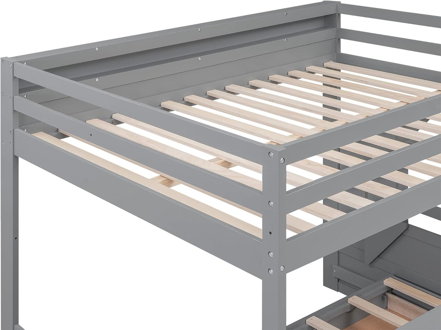 Full Size Wood Bunk Bed with Storage Staircase, Bedside Table, and 3 Drawers,Convertible Down BedFrame,No Box Spring Required,for Kids Boys Girls Teens, Gray