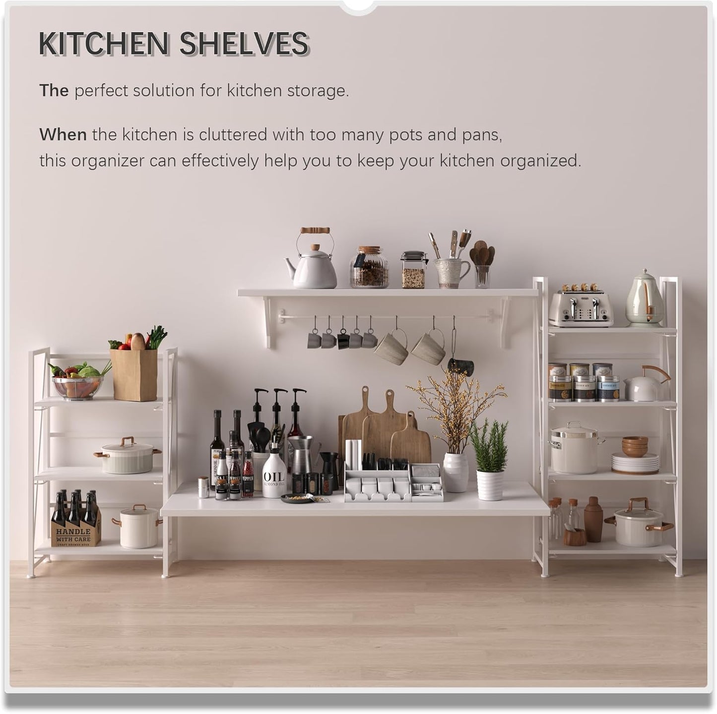 4NM No-Assembly Folding Bookshelf Storage Shelves 3 Tiers Vintage Bookcase Standing Racks Study Organizer Home Office (All White)