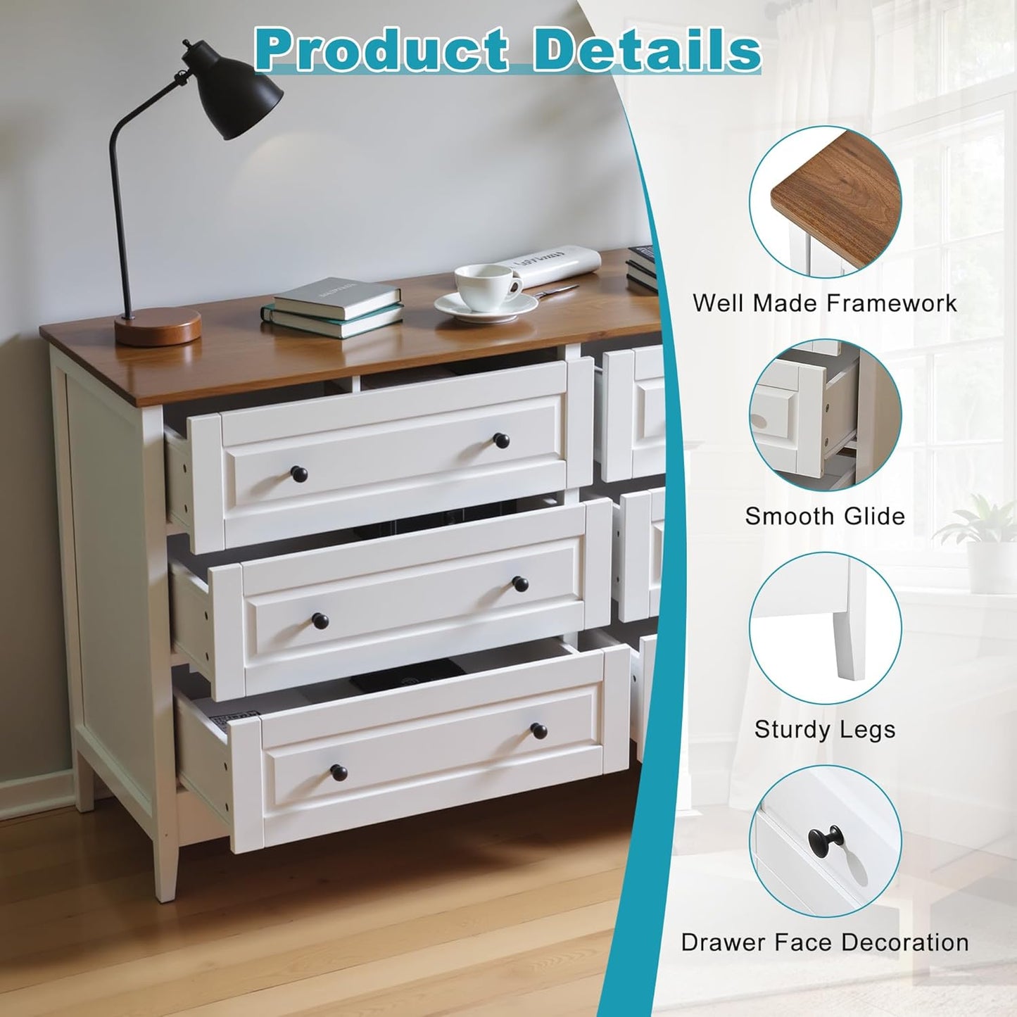 Farmhouse 6 Drawers Dresser for Bedroom, 55.5" Wide Wood Chest of Drawers with Metal Handle, Tall Storage Dressers Organizer for Living Room, Hallway, Ivory White