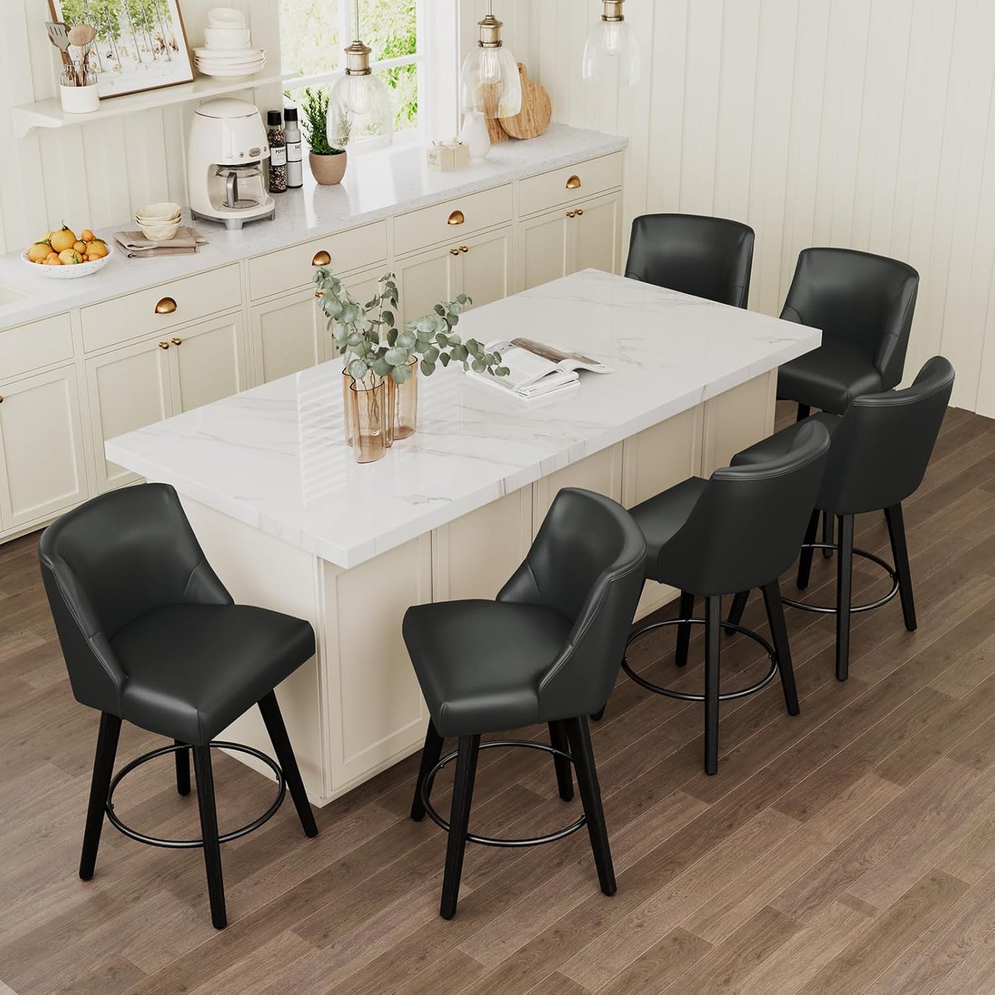 Vipbear Swivel Counter Height Bar Stools Set of 6,26.8" H Counter Stools with Back, Mid Century Modern Bar Stools for Kitchen Island,Faux Leather,Wooden Base, Black