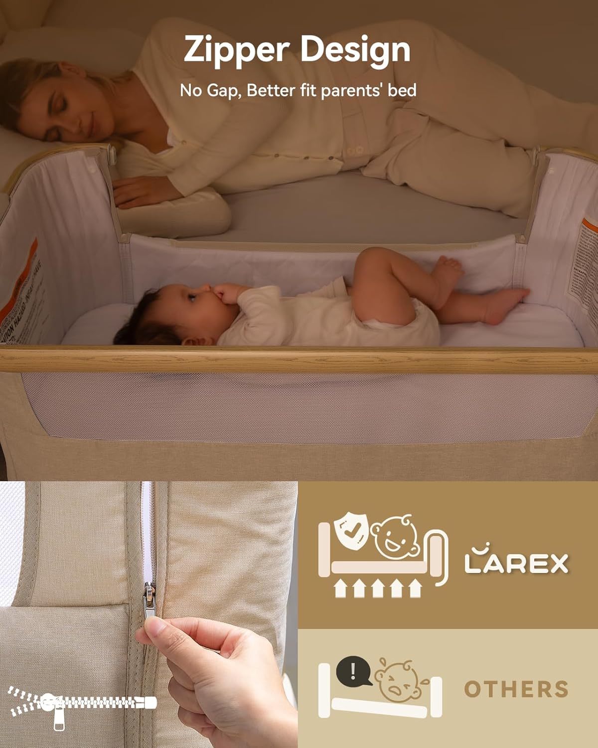 Larex Baby Bassinet, Baby Bassinet Bedside Sleeper with Storage Basket and Wheels, Height Adjustable Portable Crib for Newborn Infant, Easy Assemble and Folding(Khaki)