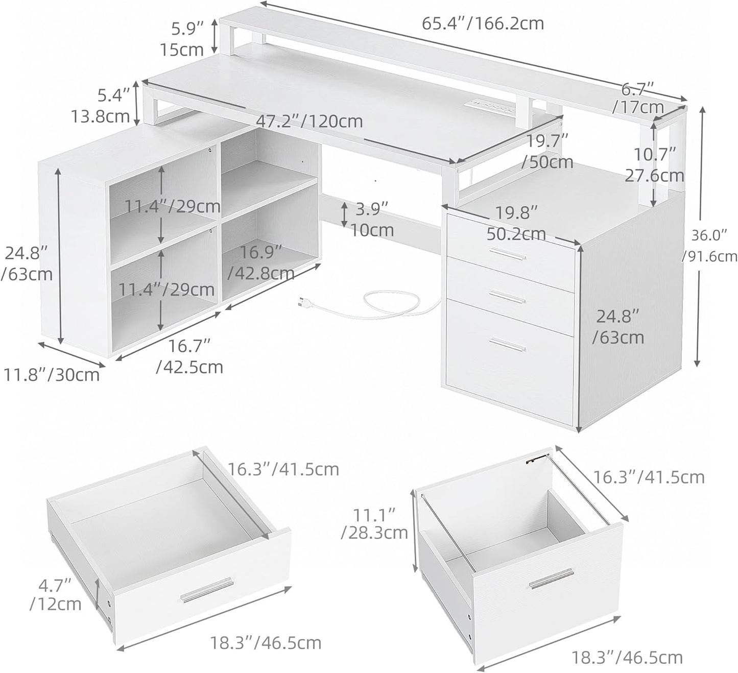 DWVO L Shaped Desk with Drawers, 65" Computer Desk with Power Outlets & LED Lights, Corner Home Office Desk with Storage Shelves & Printer Stand, White
