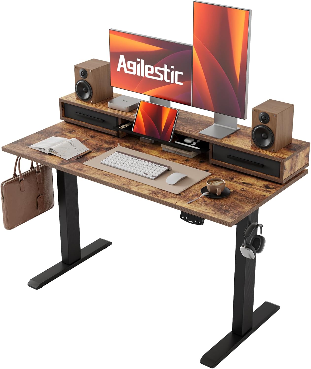 Agilestic 48 Inch Electric Standing Desk with Drawers, Adjustable Desk with Storage Shelf, Stand Up Home Office Computer Table, Splice Board, Rustic Brown
