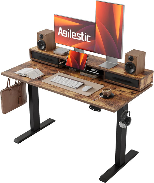 Agilestic 48 Inch Electric Standing Desk with Drawers, Adjustable Desk with Storage Shelf, Stand Up Home Office Computer Table, Splice Board, Rustic Brown