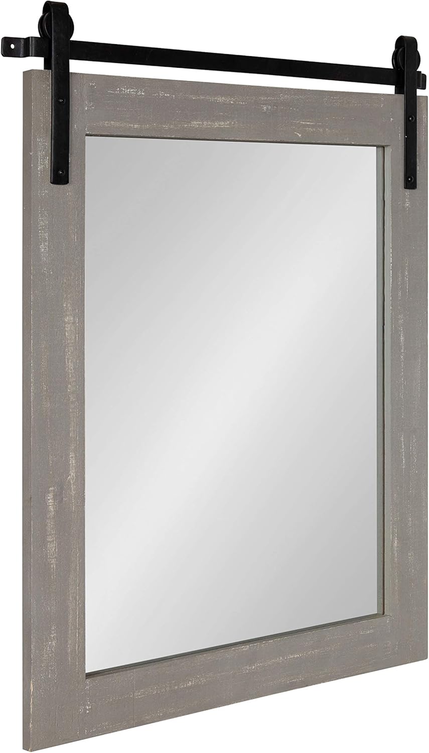 Kate and Laurel Cates Rustic Wall Mirror, 22" x 30" Rustic Gray, Farmhouse Barn Door-Inspired Wall Decor