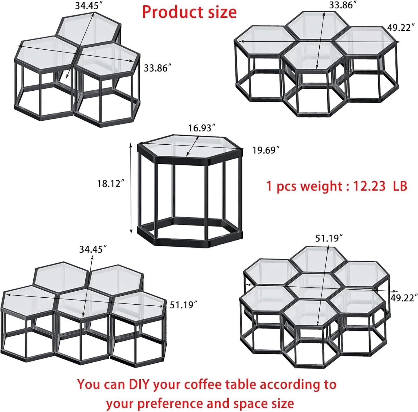 Coffee Table Glass Modern Coffee Table, Hexagon Free Combination Glass Center Table Small End Tables with Metal Frame for Living Room Set of 3