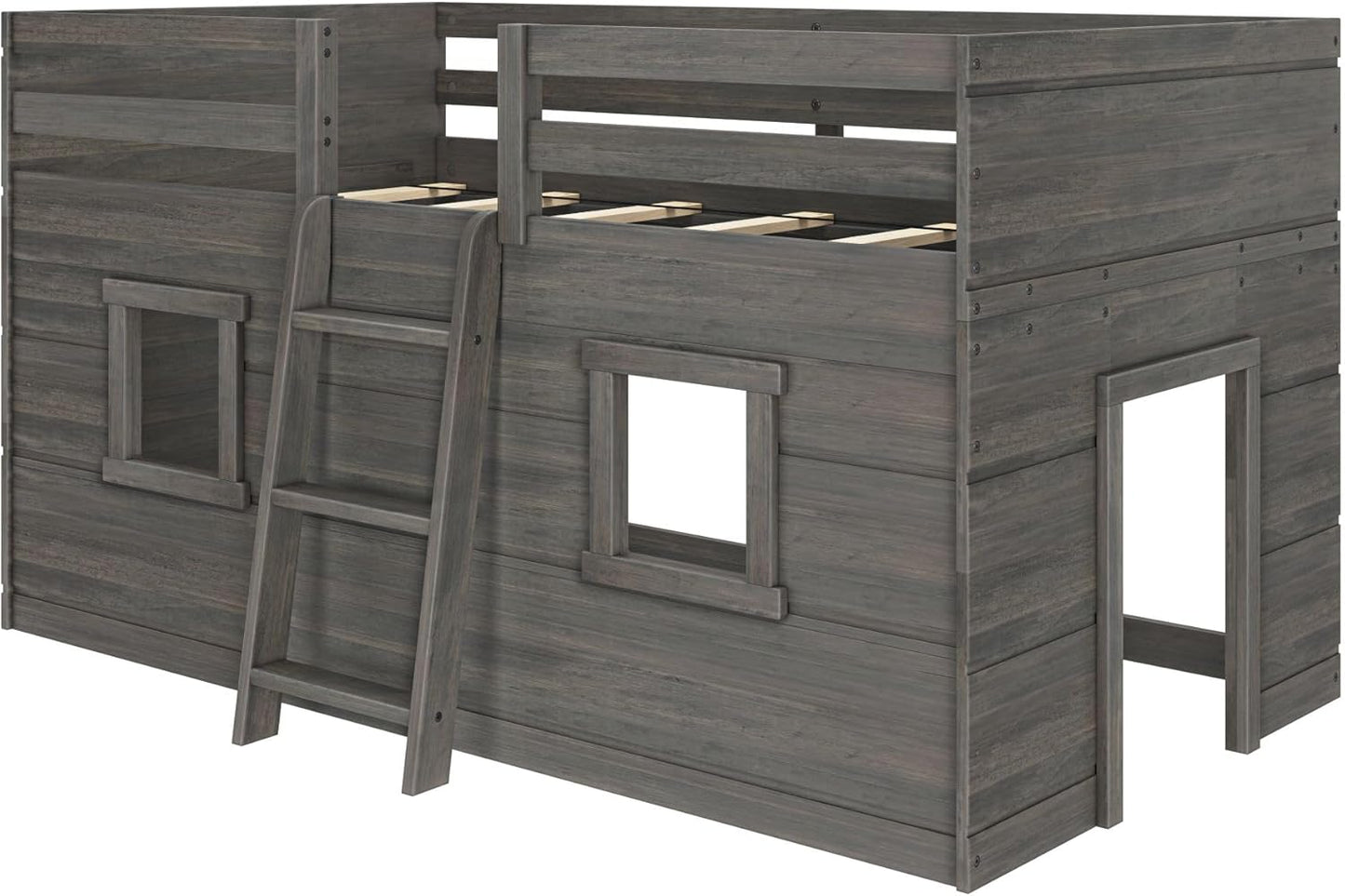 Max & Lily Modern Farmhouse Twin Low Loft Bed with Two Windows - Solid Wood, 15” Guardrails, 400-lb Capacity, Low-VOC Finish, Driftwood
