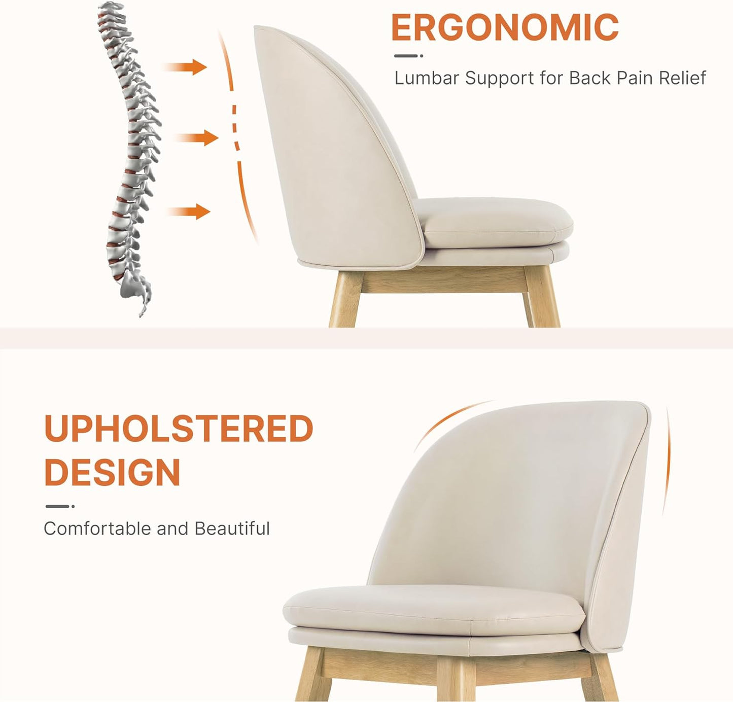 Wooden Dining Chairs Set of 2, Faux Leather Upholstered Modern Dining Room Chairs with Double-Layer Thick Seat Cushion & Ergonomic Backrest for Restaurant, Kitchen and Café, Beige