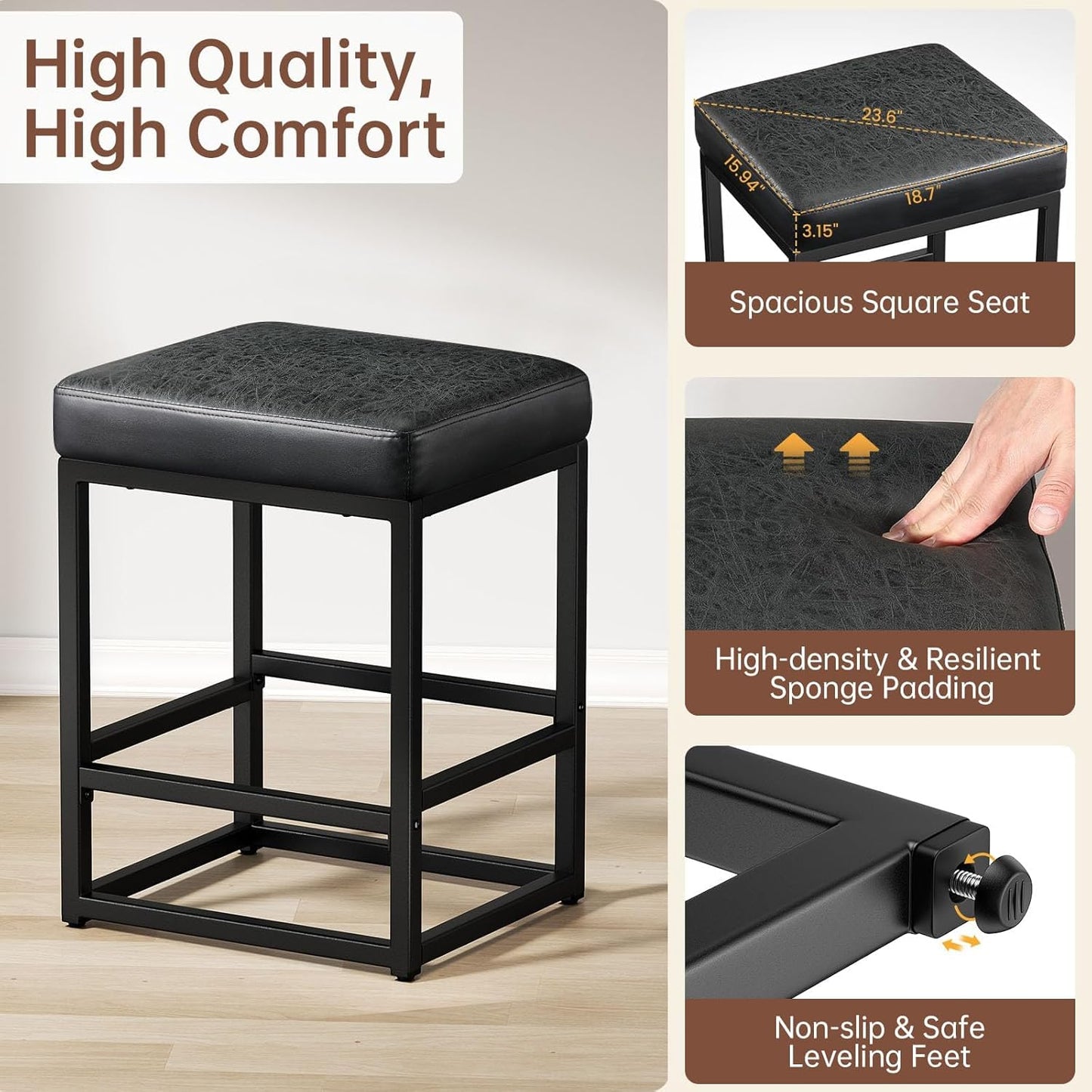 Counter Height Bar Stools Set of 3, 24" Barstools for Kitchen Countertop, Faux Leather Counter Stools with Thick Square Seats & Sturdy Metal Base, Simple Assembly, Black