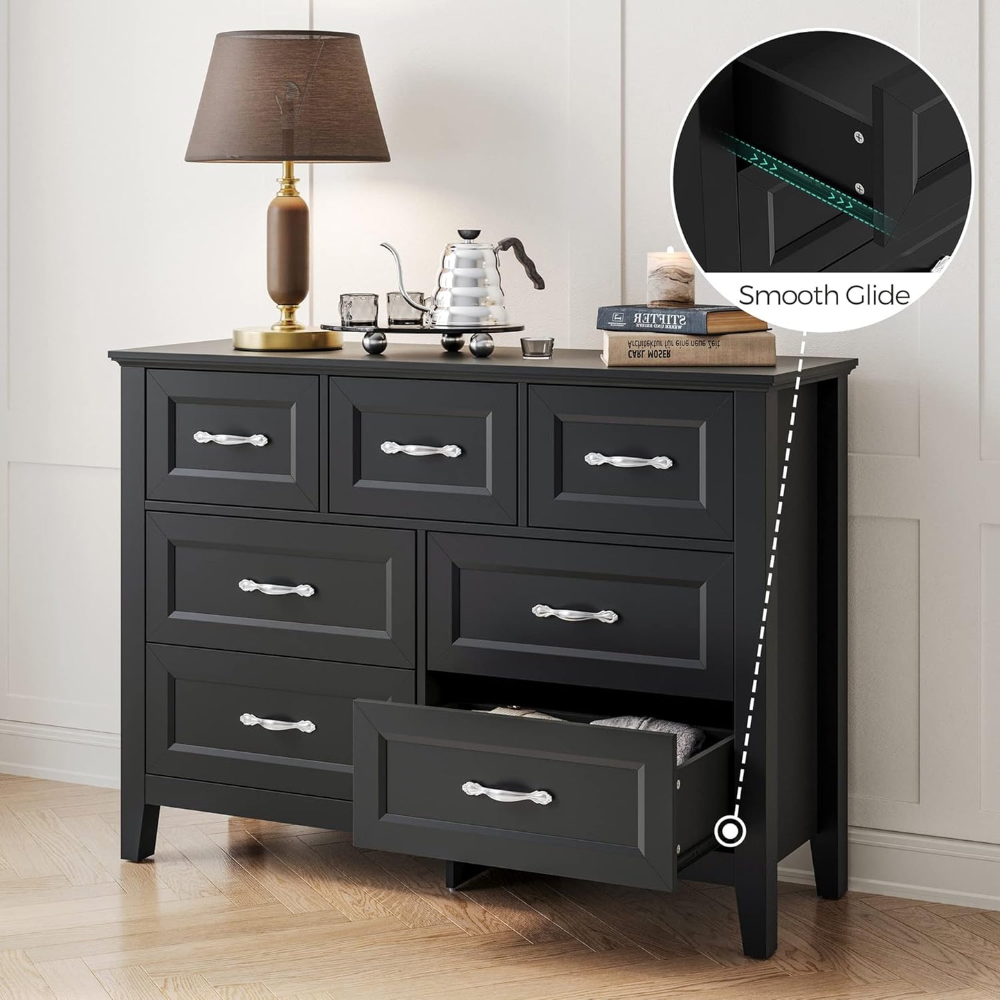LINSY HOME Black Dresser for Bedroom, Long Dresser with 7 Drawers, Wood Chest of Drawers with Metal Handles, Ideal for Living Room, Entryway and Hallway