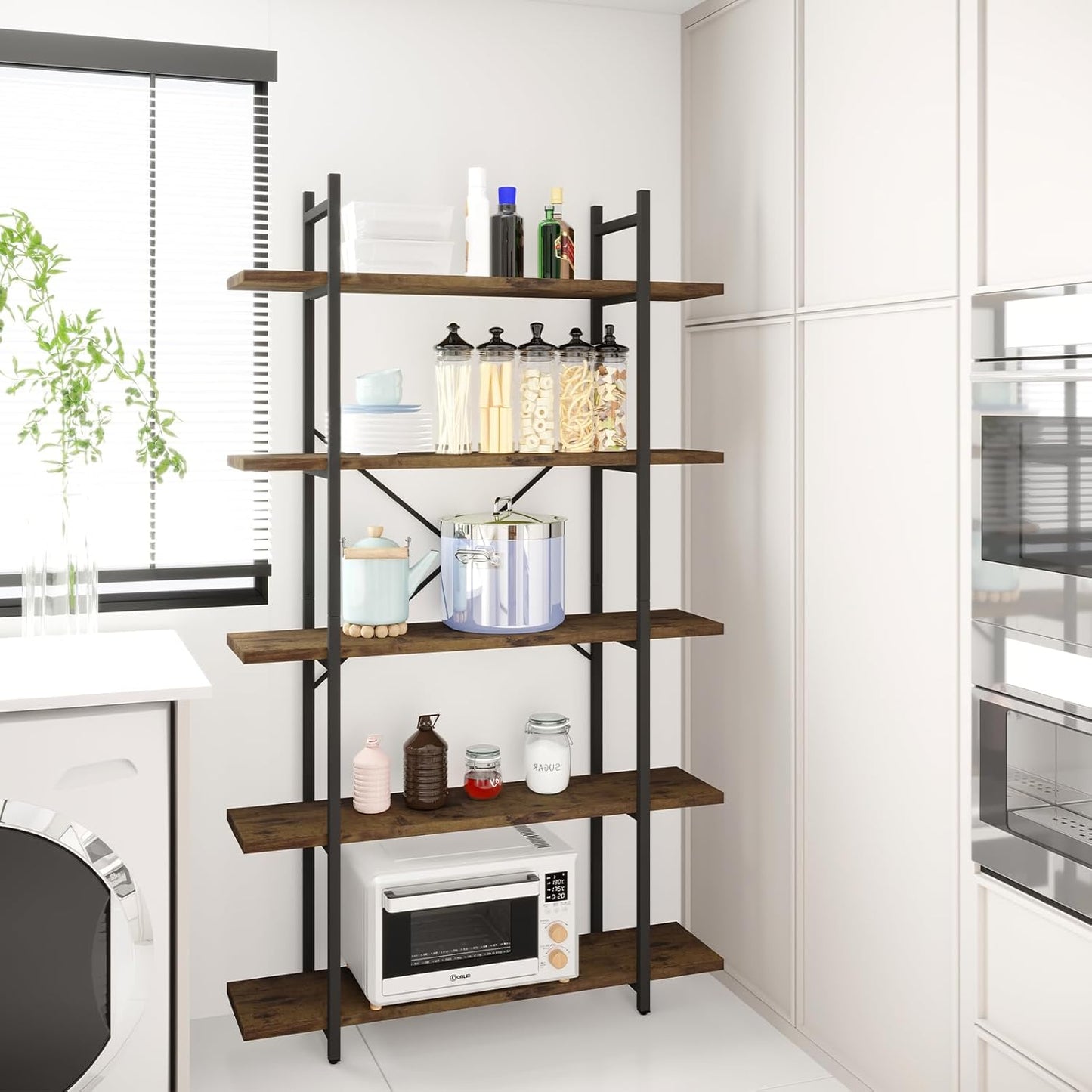 5 Tiers Bookshelf Organizer Industrial Shelf,Modern Open Display Storage Bookcase,Rustic Brown and Metal Bookshelf Standing Storage Shelf Tall Shelving Units for Home Office Study.