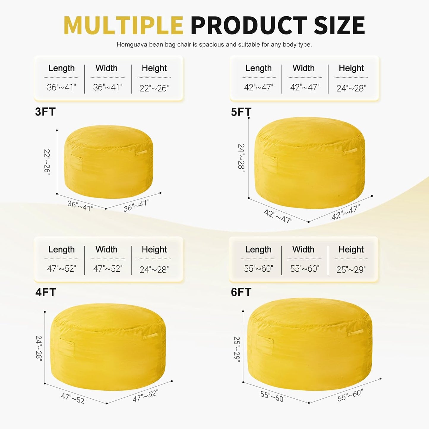 Homguava 6 FT Bean Bag Chair: 6' Bean Bags with Memory Foam Filled, Large Beanbag Chairs Soft Sofa with Dutch Velvet Cover-Mustard