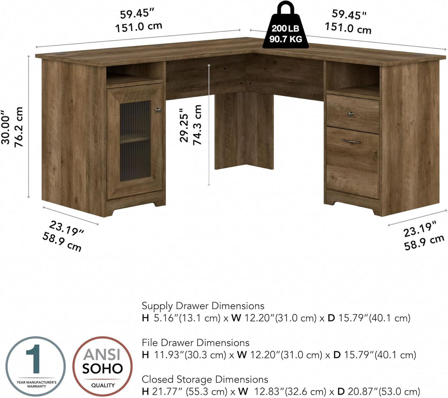 Bush Furniture Cabot 60W L Shaped Computer Desk with Storage in Reclaimed Pine
