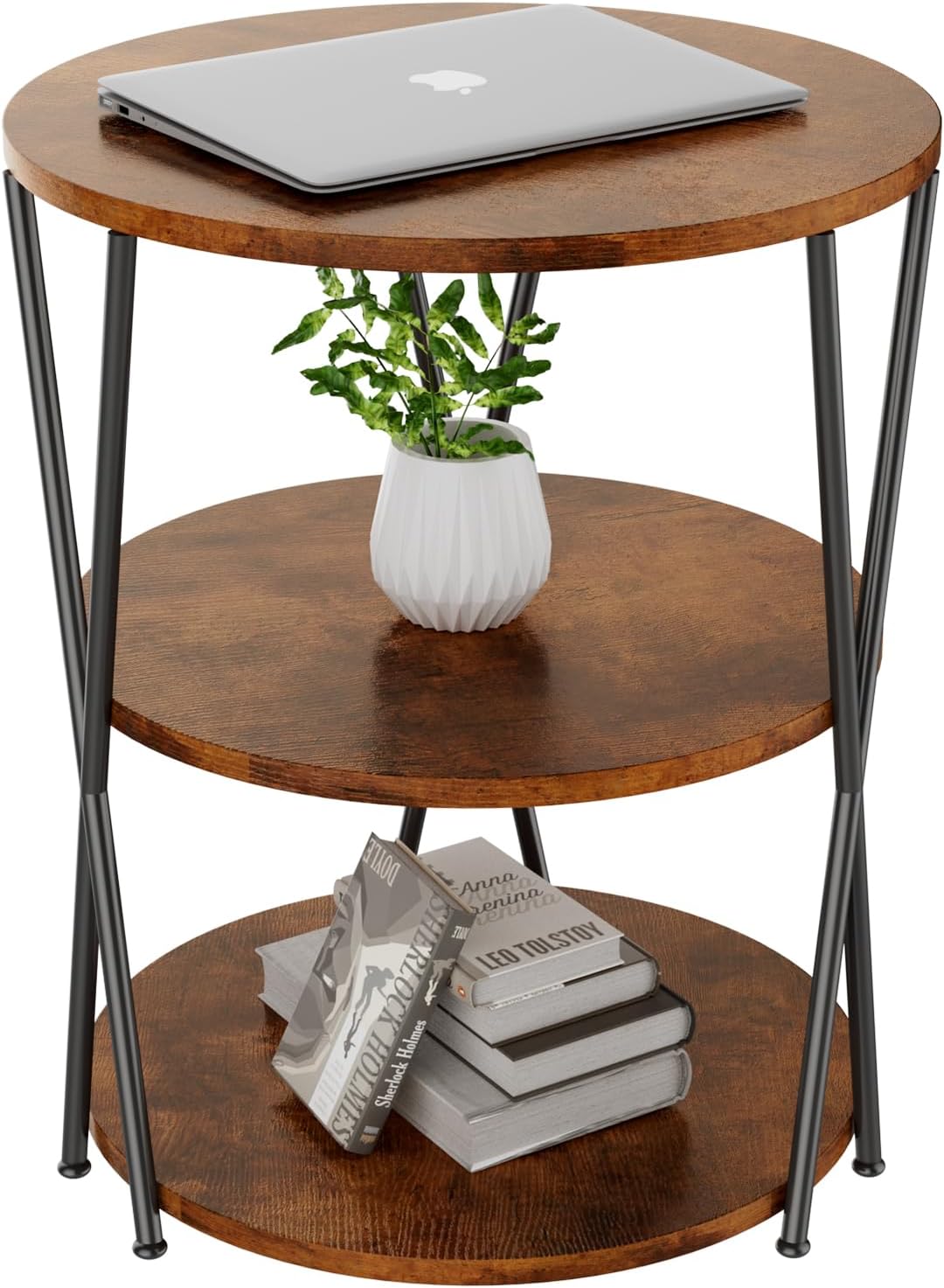 Big Side Table, 3-Tier Large Size Round End Table with X-Leg Design, Nightstand Bedside Table for Living Room, Bedroom, Drink Table Coffee Table for Patio, Indoor Outdoor Use, 16.5''x16.5''x22.8''