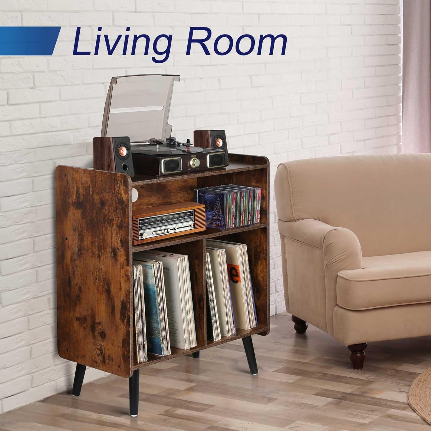 3-Tier Vintage Record Player Stand, Mid-Century Vinyl Record Storage Cabinet Table Holds up to 100 Albums, Large Wood Turntable Stand for Living Room, Office, Rustic Brown