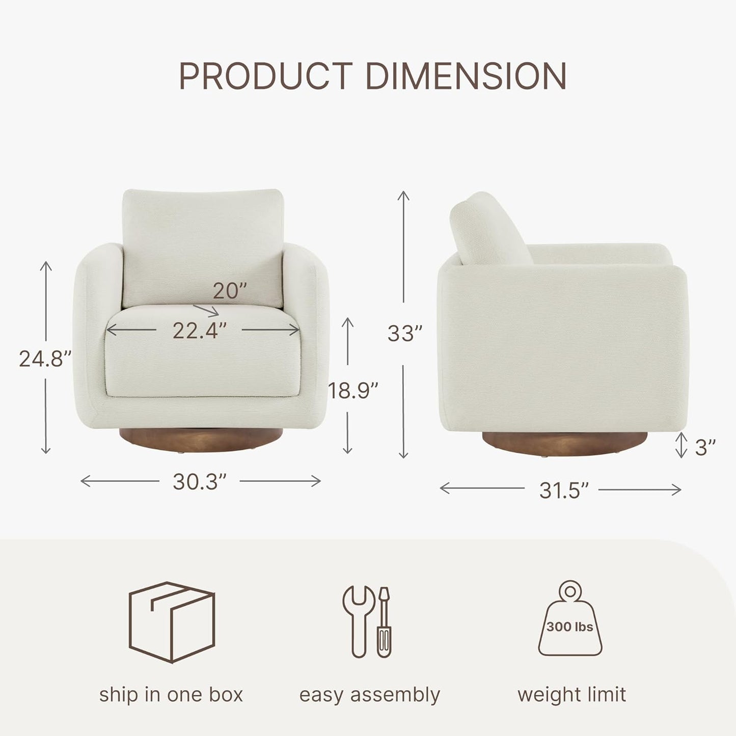 Modern Swivel Accent Chair, 360° Rotating Round Barrel Armchair with Performance Fabric Upholstery for Living Room, Bedroom, Office, Reading Nook, Single,Cream