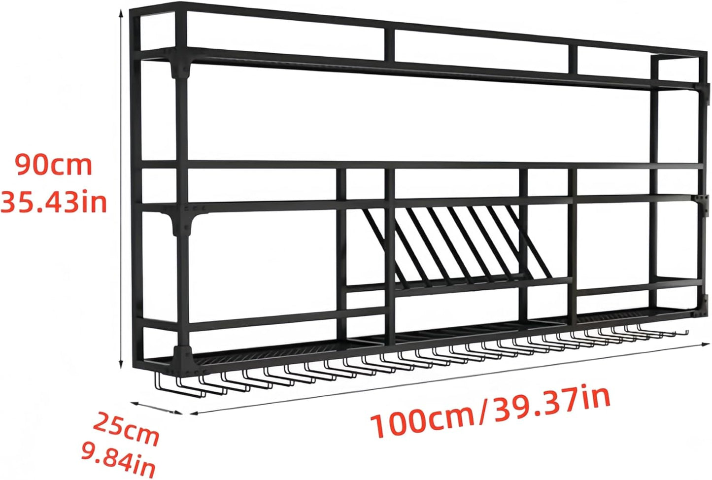 Metal Wall-Mounted Wine Rack with LED Light - 3 Tier Wine Storage Display Rack with Glass Holder - Space-Saving Bottle Display Shelf for Home Bars, Dining Rooms(Black, 39in/100cm)